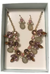 Costume Necklace Purple Pink Gold-tone 18" Chain with Matching Earrings - Picture 1 of 4