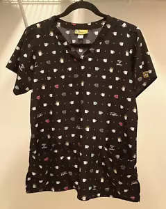WonderWink Women's Black Multicolor Coffee Mug V-Neck 2 Pocket Scrub Top- Size S - Picture 1 of 3