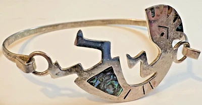 Vintage Sterling Silver Inlay Mother of Pearl Abalone Cuff Bracelet Kokopelli - Image 1 of 4