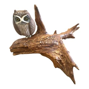 VINTAGE HAND-CARVED WOOD CARVED OWL ON DRIFTWOOD SCULPTURE - Picture 1 of 8