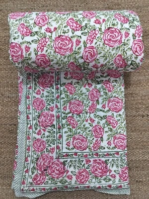 Winter Cotton Kantha Quilt Razai Indian Throw Reversible Floral Blanket Coverlet - Image 1 of 4