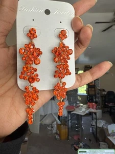 Orange Ohrringe Kristall lang Strass Festzug Ohrring Abend Hänger 3,25" - Bild 1 von 12