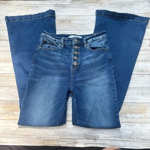 Kancan Peyton Flare Jeans PetiteSz 7/27 Distressed Button Fly Faded Med Wash - Picture 1 of 9