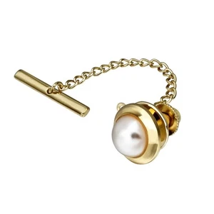Mens Pearl Tie Tack with Chain for Necktie Best Wedding Business Daily - Picture 1 of 4
