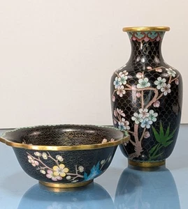 2 teiliges Set Vintage Antik Chinesische Cloisonne Schale Vase Emaille Messing Mid Century - Bild 1 von 19
