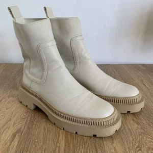 Womens Mango Leather Boots Super Heeled Cream Beige Elastic Pull On UK 6 EU 39 - Picture 1 of 22