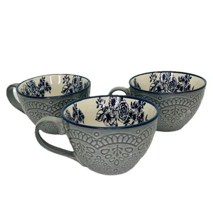 Pfaltzgraff Coffee Cups Gabriella Gray Blue Floral Blue Gray Set Of 3 - Picture 1 of 6