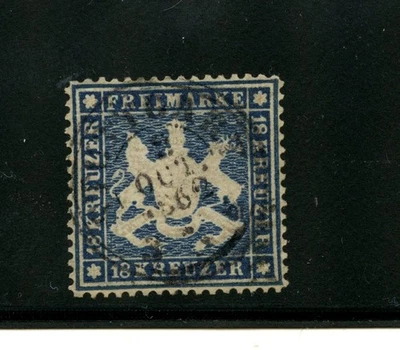 Germany-Wurttemberg #29 (G474) Coat of Arms, 18kr dark blue, Used,FVF,CV$2,250. - Image 1 of 2