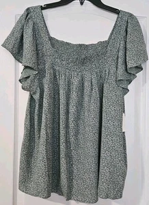 Lucky Brand Woman’s XL Peasant Blouse Green Blue Floral Square Neck NWT NB380 - Picture 1 of 9