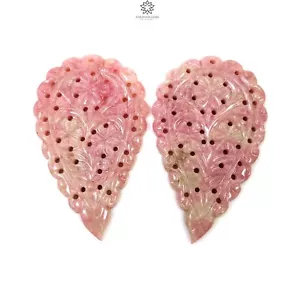 102.35cts Natural Peach Thulite Gemstone Hand Carved Indian Leaves 55*33mm Pair - Picture 1 of 5