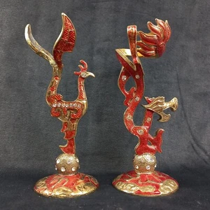 Hand Painted Enamel & Rhinestone Red Phoenix & Dragon Ornaments Feng Shui Symbol - Picture 1 of 9
