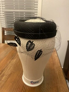 VINTAGE Ladies Black Nylon Lace Skull Cap Pillbox Hat Gems Funeral Leaves - Picture 1 of 7