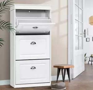 18 Pairs Shoe Cabinet Shoes Storage Organiser Shelves White Cupboard Slim Design - Picture 1 of 7