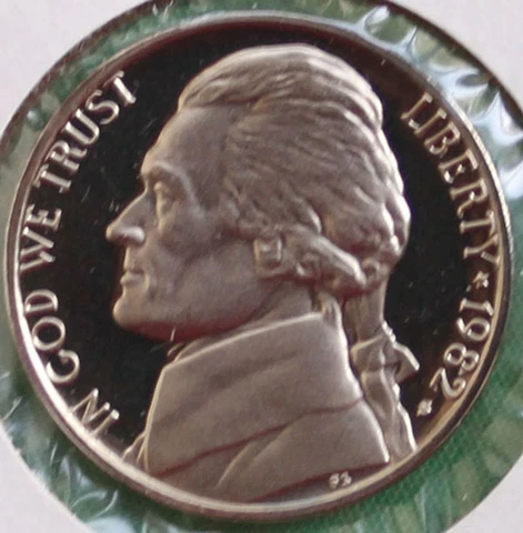 1982 PROOF Jefferson Nickel from US Mint Proof Set 5c Five Cent Coin Cover