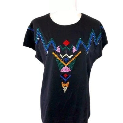 Mondi T-Shirt Womens Black Stretch Sequin Rhinestone Embellished Cotton New - Image 1 of 4