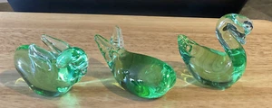 Set of 3 Green Art Glass Figurines: Whale and Parrot And Swan 3” Long - Picture 1 of 2