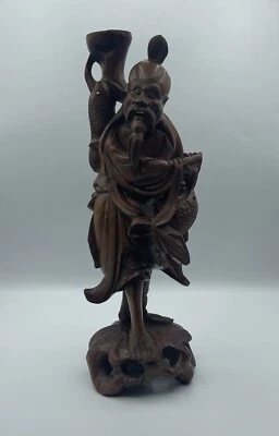 复古中国雕刻根木渔夫雕像玻璃眼睛 40 厘米 — 第 1/4 张图片