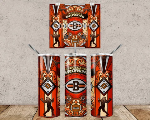 20oz Cleveland Browns stained glass insulated tumbler with box lid and straw Cover