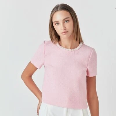 Top de lino con ribete de perlas rosa sin fin talla pequeña Foto 1 de 4