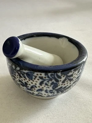 Mortar And Pestle Blue And White Miniature  Stoneware Polish Pottery - Image 1 of 4