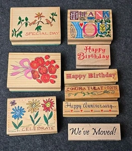 Timbro in gomma blocco di legno - fiori, grazie, anniversario, congratulazioni, 9pz - Foto 1 di 11