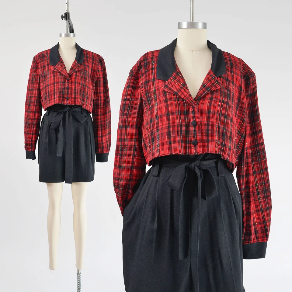 Macacão xadrez vintage anos 90 vermelho e preto shorts jumper com cinto de gravata G - Imagem 1 de 4