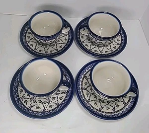 Boleslawiec Set di 4 tazze e piattini in ceramica polacca usati in ottime condizioni - Foto 1 di 6