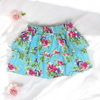 Hollister Floral Blue Tiered Mini Ruffle Skirt Flirty Boho Tropical Vacation L - Image 1 of 4
