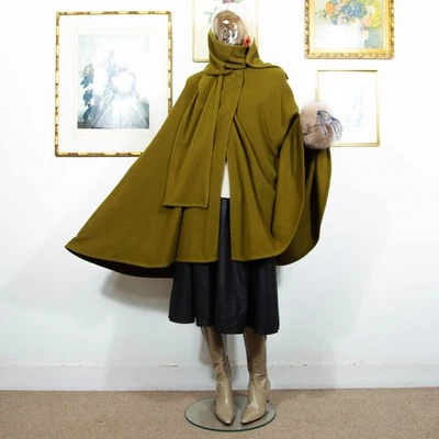 Vintage 1970s Olive Green Wool Cape – Minimalist Scarf Collar Cloak One Size Fit - Image 1 of 4
