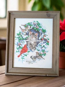 Vintage MCM Paint by Number PBN Art Painting 1960s Kitten Cat Birds Framed 17" - Picture 1 of 12
