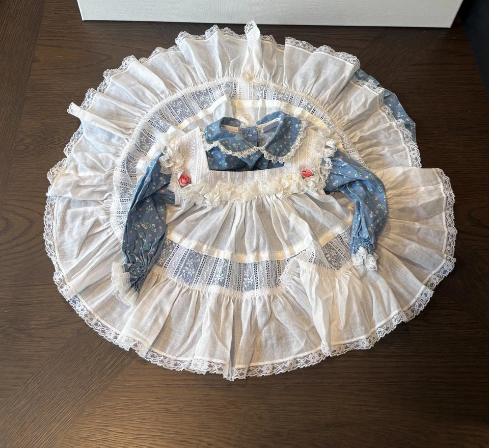 Vintage Bryan Toddler 12M Blue Floral Full Circle Dress w Pinafore Ruffles Lace - Image 1 of 4