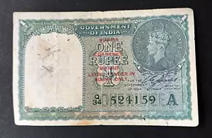 British India 1 Rupee BURMA MILITARY OVER PRINT 1944 note KG VI LET INSET A - Picture 1 of 2