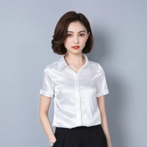 Lady Short Sleeve Blouse Shirt Top Faux Silk Satin Business Formal Shiny Office - Picture 1 of 14