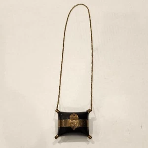 Vintage Hinged Clamshell Black Pillow Purse Brass Corners & Band - Velvet Lined - Picture 1 of 7