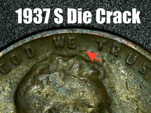 1937 S Lincoln Wheat Cent Error Coin - Die Crack Lincoln's Head - Picture 1 of 3