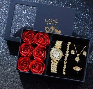 Luxury Gold Quartz Watch Set for Women, 6-Piece Valentine’s Day Gift - Picture 1 of 3