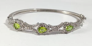 Peridot & Clear Glass Rhinestones Silver Metal Hinge Bangle Bracelet ~ BR SUN - Picture 1 of 8