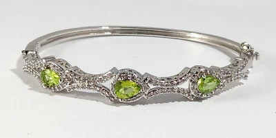 Peridot & Clear Glass Rhinestones Silver Metal Hinge Bangle Bracelet ~ BR SUN - Image 1 of 4