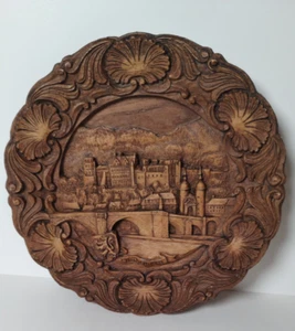 Vintage Holzplatte geschnitzt Heidelberg Plakette braun Stadt Deutschland Schnitzerei 9,25" - Bild 1 von 11