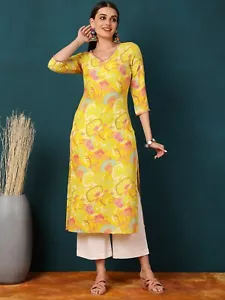 Indian Women Yellow Floral Printed Rayon Kurta Kurti Top Tunic New Style Dress - Picture 1 of 7