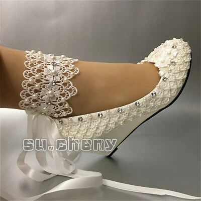 su.cheny Light ivory white pearls rhinestone lace wedges Wedding Bridal shoes - Image 1 of 4