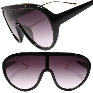 Occhiali da sole oversize moderni retrò scudo lusso designer moda nero e oro - Foto 1 di 4