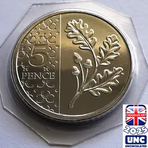 (BRILLIANT UNC) BRITISH 2025 CHARLES III FIVE PENCE 5p 'OAK TREE LEAF' coin - Bild 1 von 2