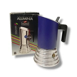 ALUMINIA VEV Viganò caffettiera 4tz vintage blu mai usata scatolo moka C5 - Foto 1 di 7