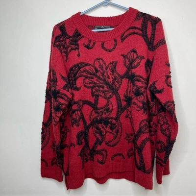 Peruvian Connection Sweater Women’s Large Red Black Crew Neck Floral Alpaca Wool - Image 1 of 4