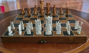 Vintage Hand Carved Asian Chinese Chess Set W/Wooden Folding Chess Board Case - Picture 1 of 20