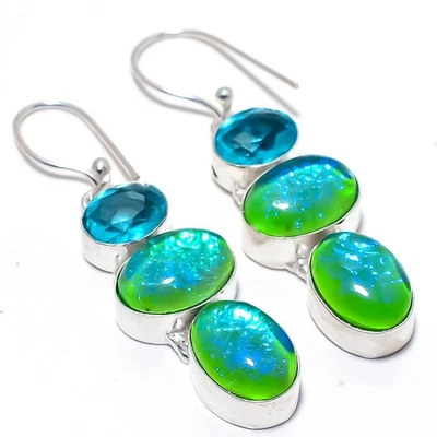 Triplet Fire Opal, Blue Topaz Gemstone 925 Sterling Silver Jewelry Earring 2.3" - Image 1 of 4