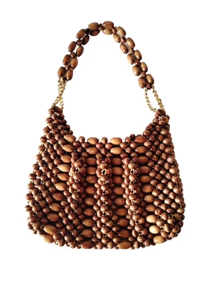 Vintage Wood Bead Purse Boho 60s 70s Handbag Mid-Century Retro Natural Japan - Image 1 of 4