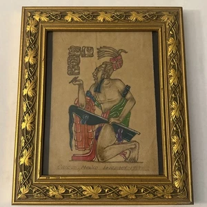 Hand-Painted Mayan Art on Leather Cancun Mexico 1999 Vintage Wall Decor - Picture 1 of 5