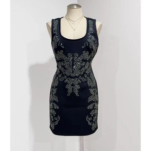 2b Bebe Women's Silver Rhinestone Black Bodycon Fitted Mini Dress Size L - Picture 1 of 7